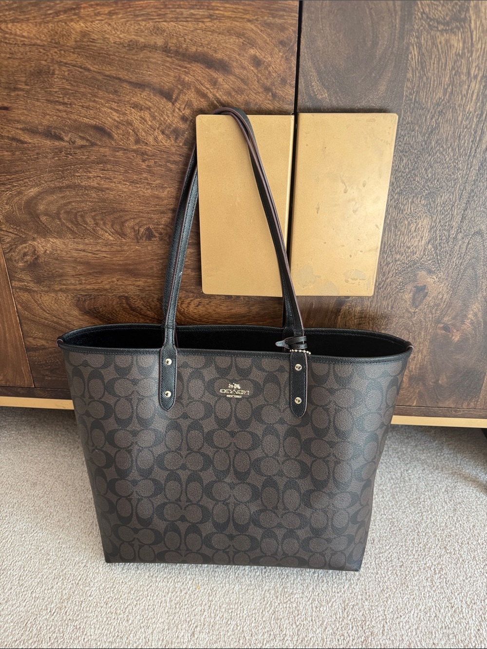 Coach Dark Brown Signature Tote with Black Trim